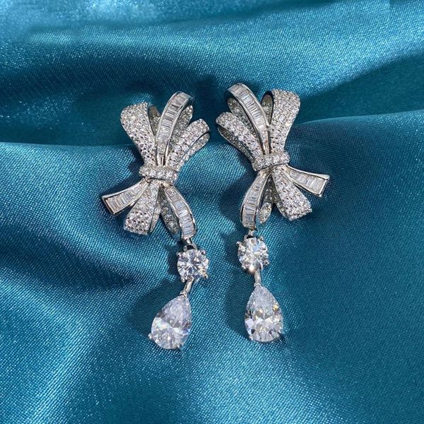 

dangle & chandelier luxury 100% 925 sterling silver bowknot engagement drop earrings for women pass diamond elegant test party fine jewelry