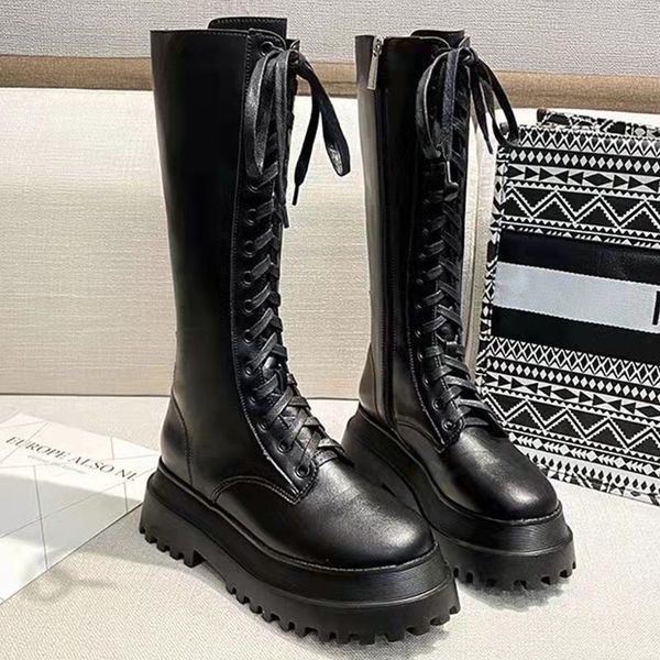 

boots 2021 knee high motorcycle women autumn modern female black platform round toe shoes ladies cross tied