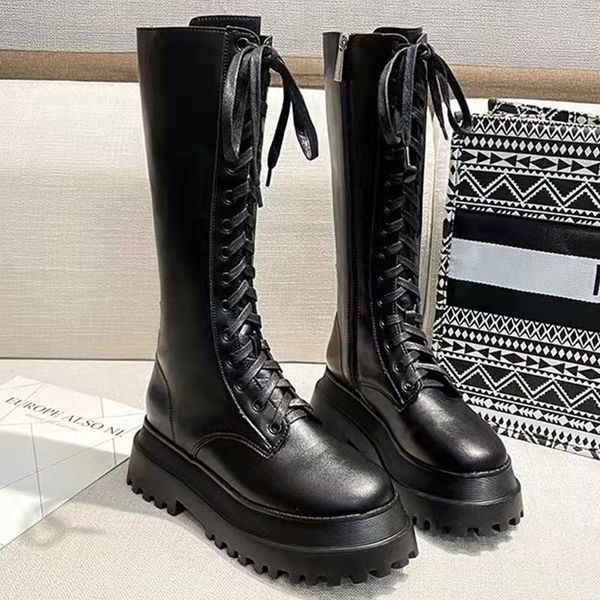 Stiefel 2021 kniehohe motorrad frauen herbst moderne weibliche schwarz plattform runde spitze schuhe damen kreuz gebunden