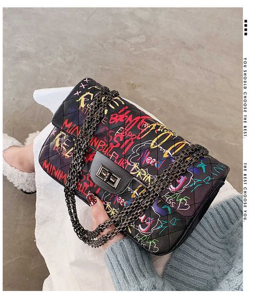 

2021 ins style graffiti color art print pu leather handbag fashion bag