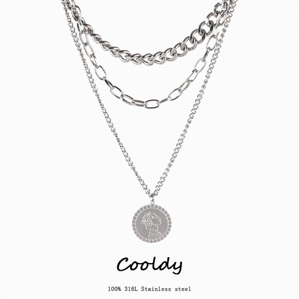 

pendant necklaces stainless steel necklace punk multilayer carved coin clavicle chain metal thick for women jewelry, Silver