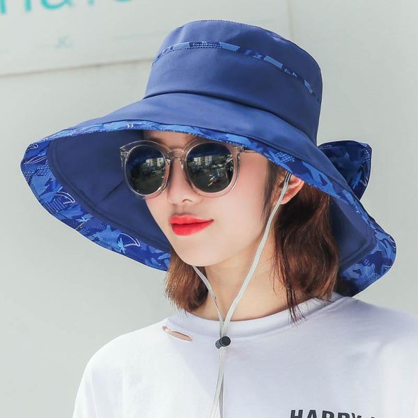

summer big wide brim solid color bow sun hat women uv protection beach female drawstring foldable fisherman hats bucket cap, Blue;gray