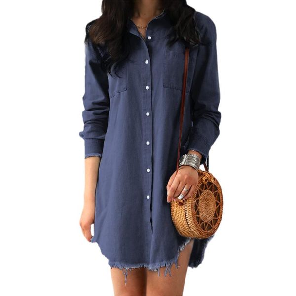 

fashion womens denim dress summer long sleeve casual loose mini shirt lady dresses, Black;gray