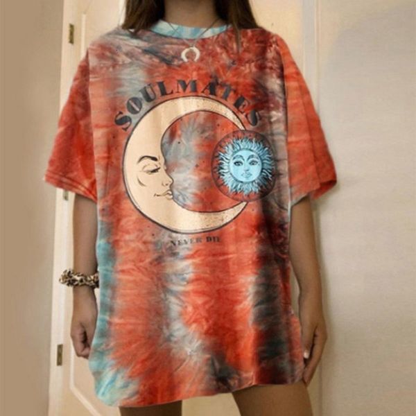 

tee sun moon letter print the neck short sleeve shirt of women oversized released vintage harajuku fashion clothes summer 2021, White