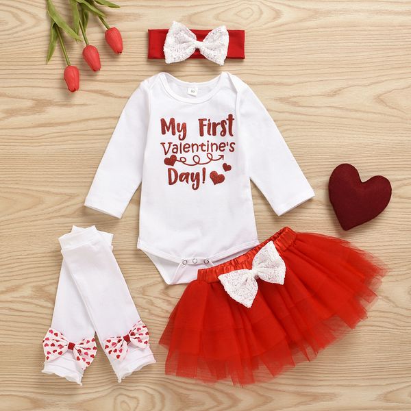 

valentines day 0-12m baby girls outfits five piece suit special letter romper sequin bow gauze skirt and headband leg warmer, Blue