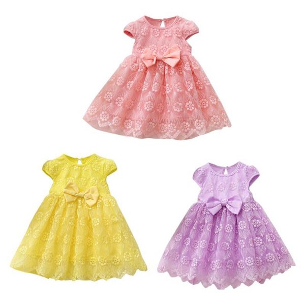

girl's dresses summer baby girls short sleeve dress casual cute with bowknot lace kids toddler pageant princess mesh sundress costume, Red;yellow