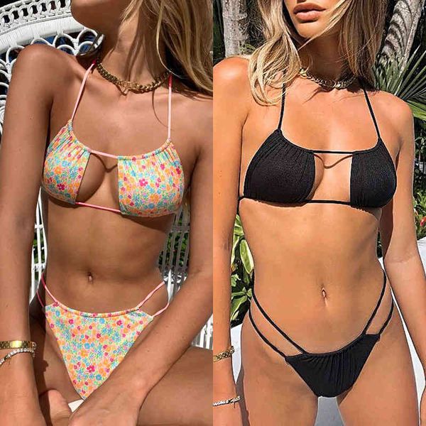 

bra 2021 strap floral solid bikini swimsuit, Black;white