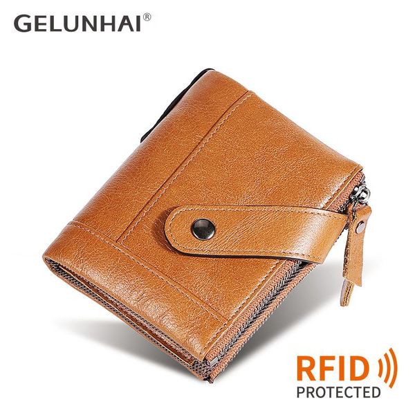 

wallets vintage brown men oil wax cowhide double zipper short wallet multi-card slot po rfid anti-theft brush man coin purse, Red;black