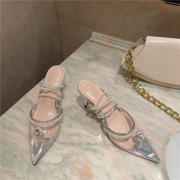 

ladies mules transparent high heels diamond pearl strap slippers 2021 summer pointed shallow mouth sandals and, Black