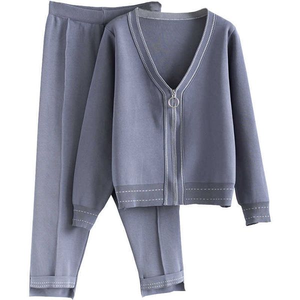 

spring 2 piece v neck cardigan coat+knitted pant two set knitted suit outwear 210531, White