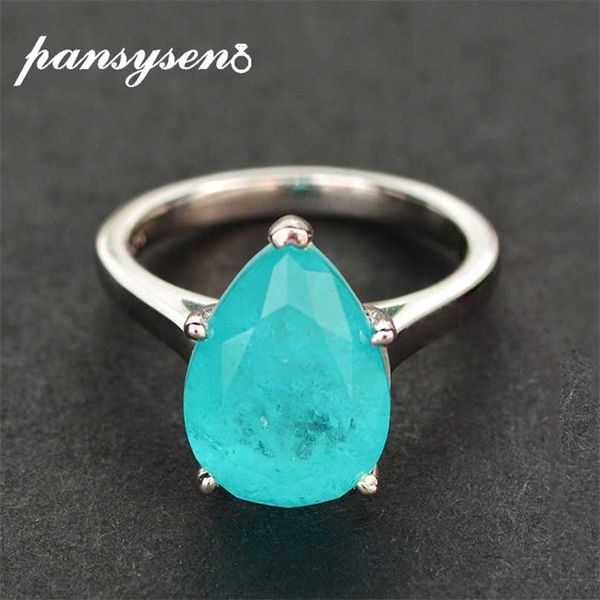 

pansysen solid 925 sterling silver pear cut 10x14mm paraiba tourmaline gemstone wedding engagement ring fine jewelry ring 211217, Slivery;golden