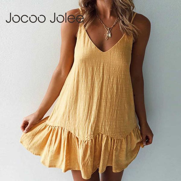 

jocoo jolee women summer sleeveless strap cotton and linen short dress elegant v neck ruffles slim mini dress becch sundress 210619, Black;gray