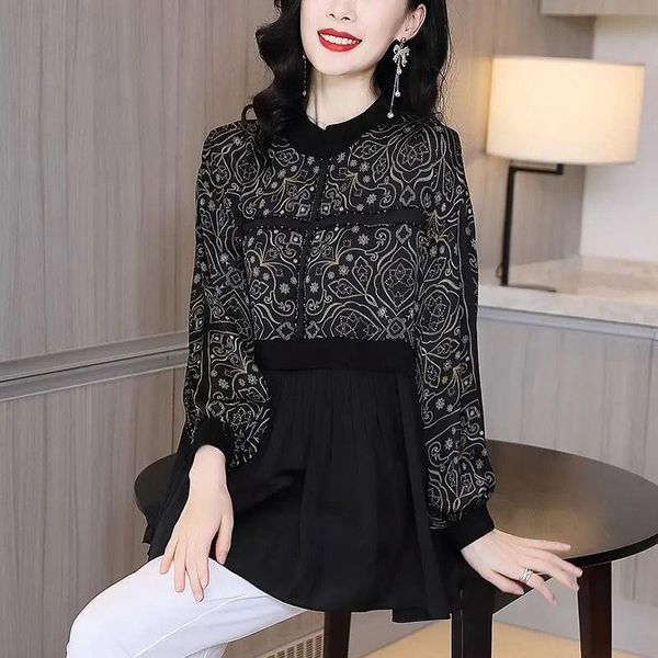 

fashion women's chiffon shirt spring and autumn loose long-sleeved retro printed small t-shirt, White