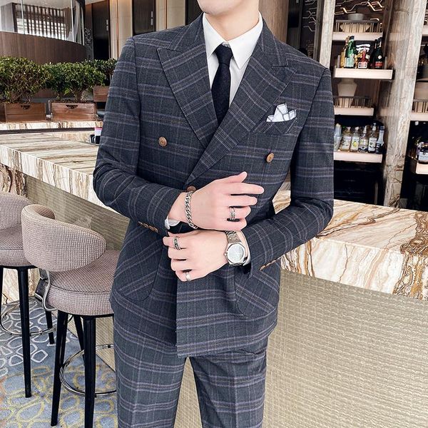 

men's suits & blazers 2 pcs set jacket pants / fashion men's slim boutique business wedding groom double breasted plaid suit coat t, White;black