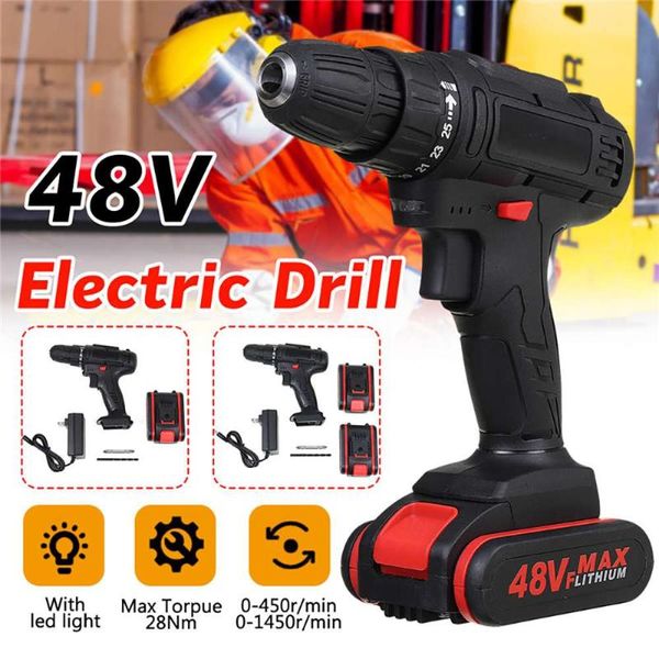 

professiona electric drills 48v cordless impact drill screwdriver 15 torque rechargeable dual speed power tools with 2 battery+led working l
