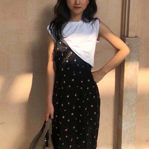 

casual dresses women dress spring/summer 2021 rose print fake two piece midi vintage, Black;gray