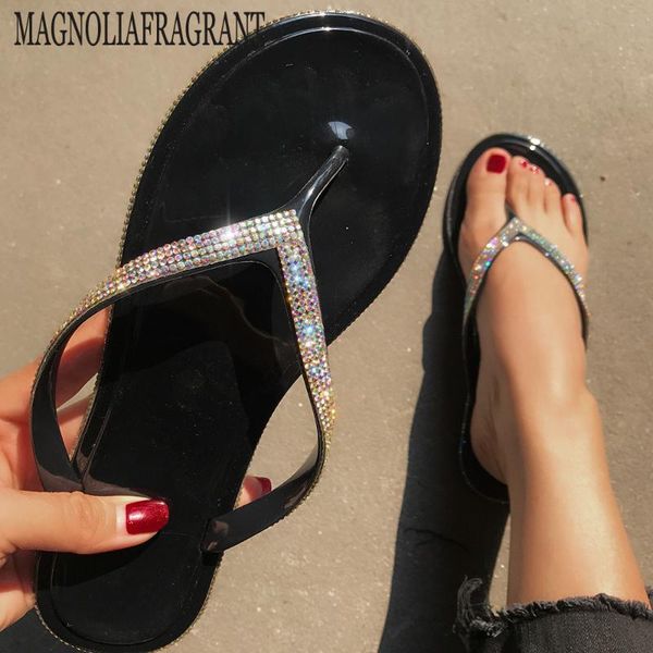 

slippers 2021 women sandals rhinestone flat bling shoes beach sandalie summer flip flops female hy535, Black