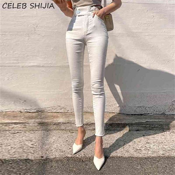 Beyaz Skinny Kot Kadınlar Için Yüksek Bel Vintage Streetwear Denim Kalem Pantolon Kadın Anne Kore Chic Y2K Kadın Seksi 210809