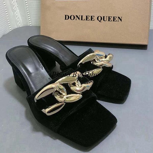 

fashion metal chain slippers women peep toe thick heels slip on slides elegant sandals summer shoes flip flops zapatillas mujer, Black