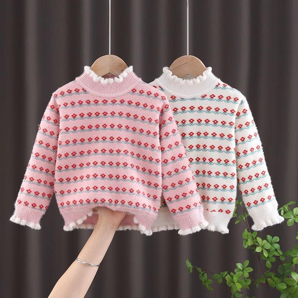 

pullover kids girl knitted sweater korean floral fleece thicken warm christmas sweaters o-neck buttoming children's clothing, Blue