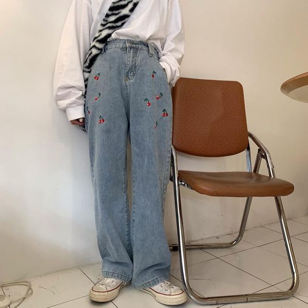 

women's jeans straight women autumn winter lovely cherry embroidery elastic waist loose high, Blue