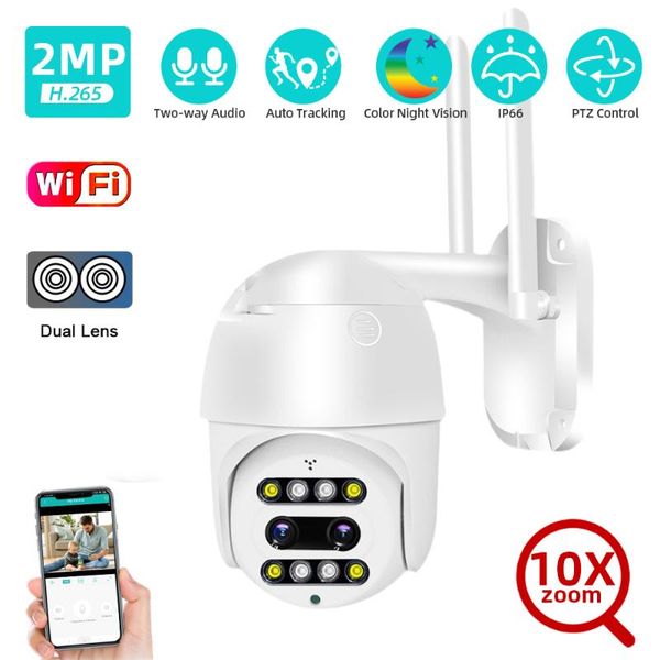

cameras 1080p ptz ip camera dual-lens wifi outdoor ip66 auto tracking pan tilt 10x digital zoom 2mp color night wireless security