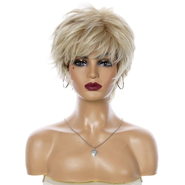 

short blonde nature wavy wig synthetic wig with bang for women daily party use heat resistant fiber nature looking wig as a gift, Black