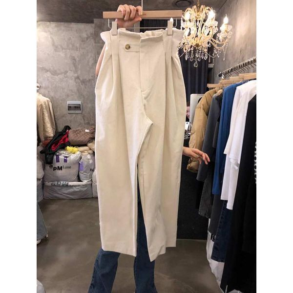 

korea 2021 autumn and winter style wick waist buckle pleated casual pants women high fashion all-match trousers women's & capris, Black;white