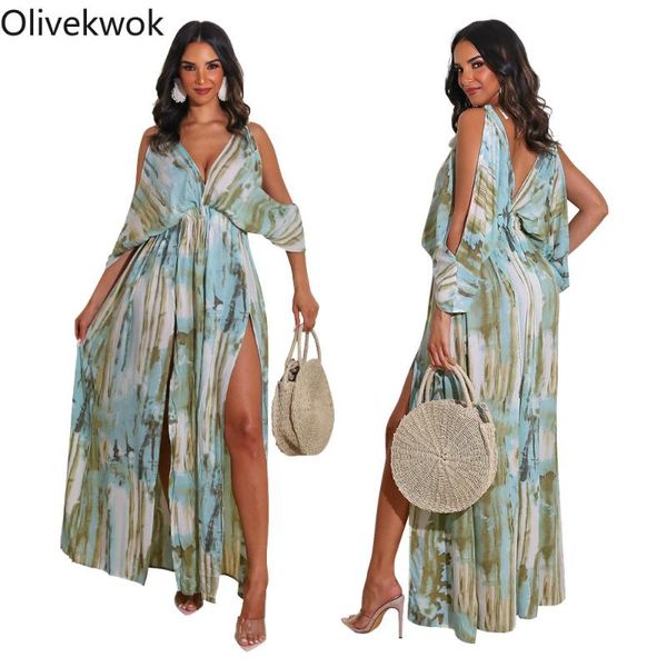 

casual dresses olivekwok 2021 summer woman v-neck printing long dress, Black;gray