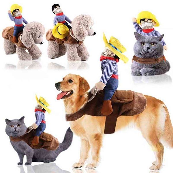 Eğlenceli Pet Kedi Kovboy Rider Köpek Kostüm Köpekler Giyim Cosplay Ürün Şapka Stil Şapka Komik Kedi Kostümleri Elbise Giysileri Y200922