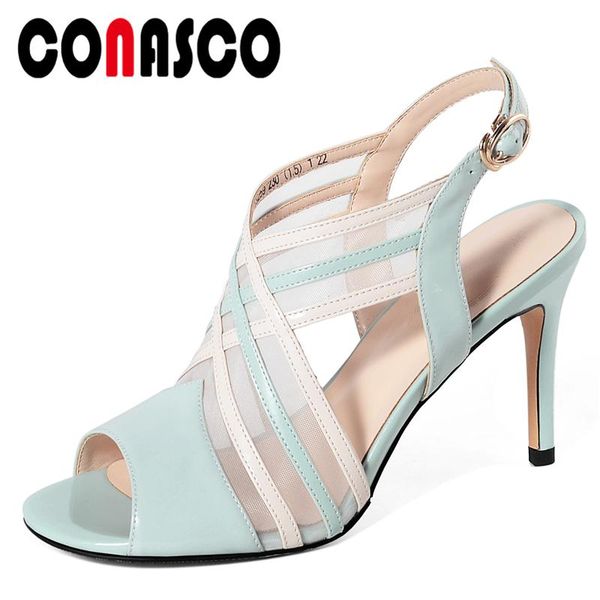 

genuine leather mesh peep toe women sandals summer wedding party pumps high heels fashion elegant cross-tied shoes woman, Black
