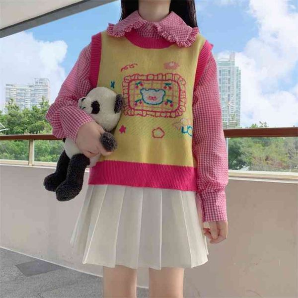 

japanese winter sweet girly preppy style cute jk student sweaters loose kawaii cartoon knitting sleeveless vest sweater 210915, Black;white
