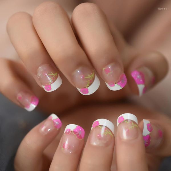 

flower french nail art tips white transparent kids false nails small size student's gift with decorative1, Red;gold