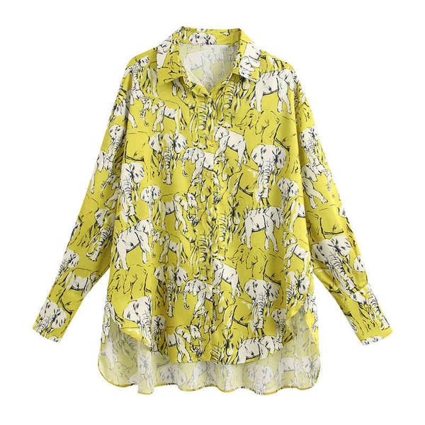 

stylish chic elephant pattern print blouse women lapel long sleeve oversized shirt female stylish blusas mujer 210430, White