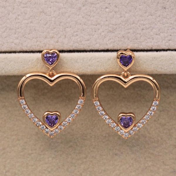 

stud trendy purple heart zirconia earrings gold plated copper earring for women fashion jewelry accessories wedding gift, Golden;silver