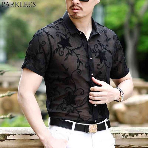 Camicia di pizzo ricamo stella di lusso da uomo Camicie eleganti da uomo trasparenti sexy Vedi attraverso la camicetta trasparente chemise homme 3XL 210522