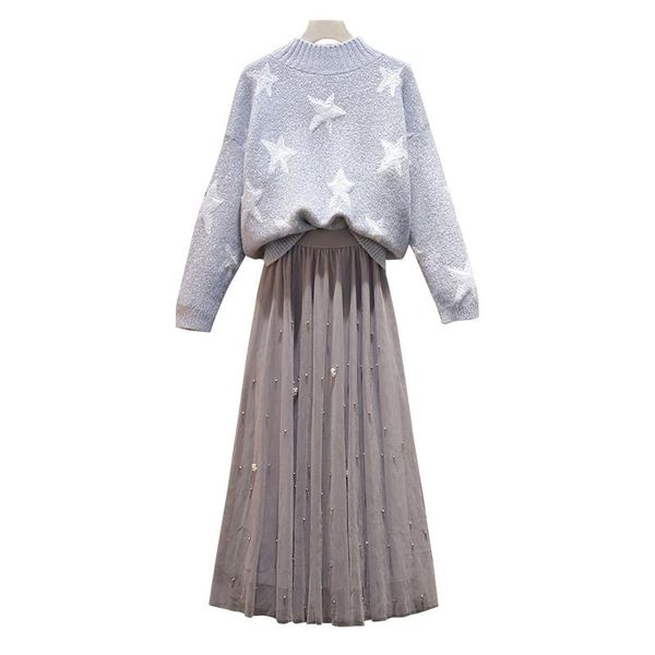 

two piece dress women elegant sweater mesh skirt suits set autumn winter christmas party matching plus size, White