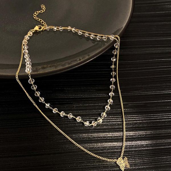 

pendant necklaces charming elegant butterfly crystal double layer chain necklace for women jewelry accessories supernatural ins, Silver
