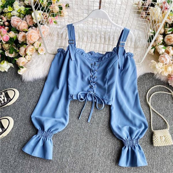 

women's blouses & shirts 2021 summer fashion women sweet solid color square collar puff sleeve mini dress, White
