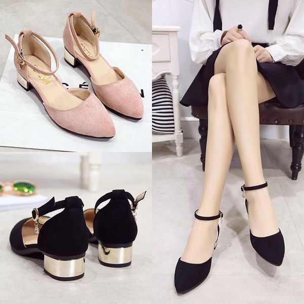 

new 3cm fashion versatile low heel women's shoes shallow mouth suede buckle crystal soft and comfortable low heel high heels, Black