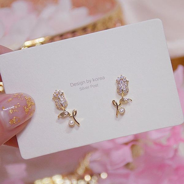 

stud shining romantic rose flowers earrings gold colour for women bride wedding jewelry charm valentine's day gift, Golden;silver