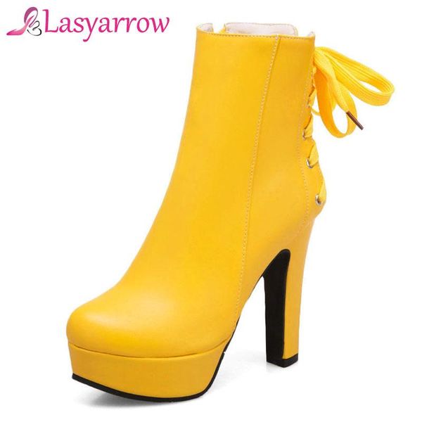 

boots lasyarrow side zipper footwear thick high heels platform round toe ankle fashion back lacing roman short shoe, Black