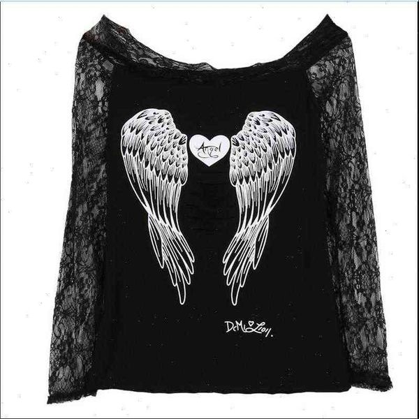 

angel wings back printing women blouses long sleeve loose prints casual lace off shoulder blouse cotton shein, White