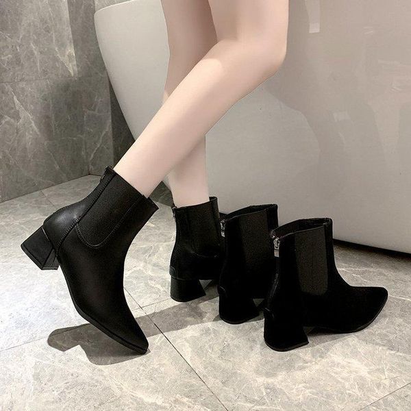 

boots women 2021 autumn european and american style pointed toe women's thick heel artificial leather, Black