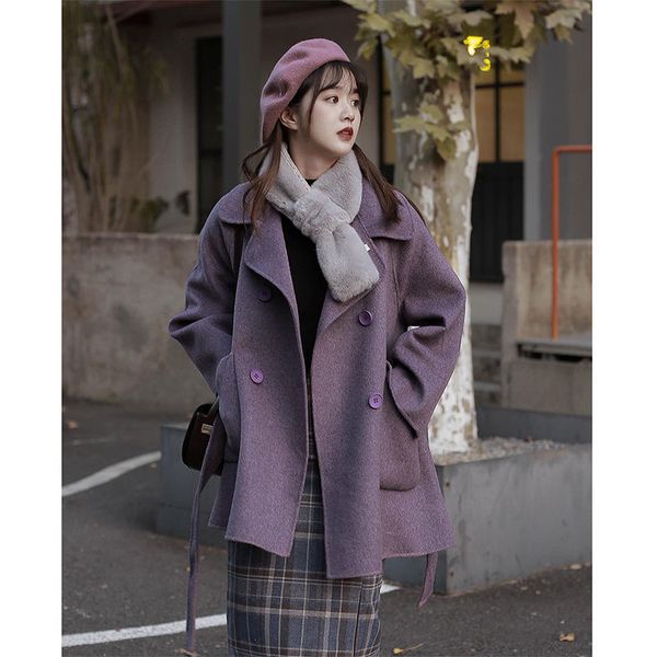 

women's wool & blends casual solid autumn purple fleece clothing long korean temperament tweed spring and winter coats oavk, Black