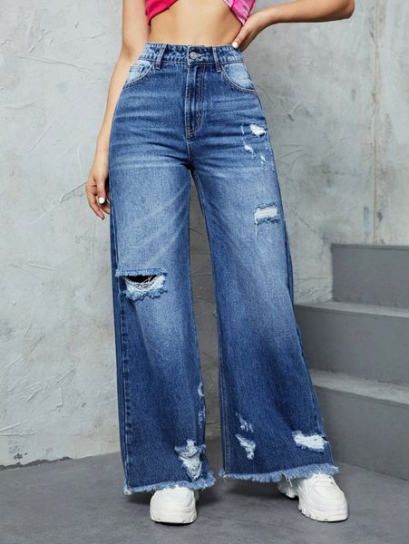 

ripped raw hem wide leg jeans 54xz#, Blue