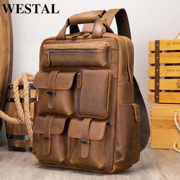 

crazy horse leather backpack for men travel daypack mens lapbackpacks with many pocket 3506