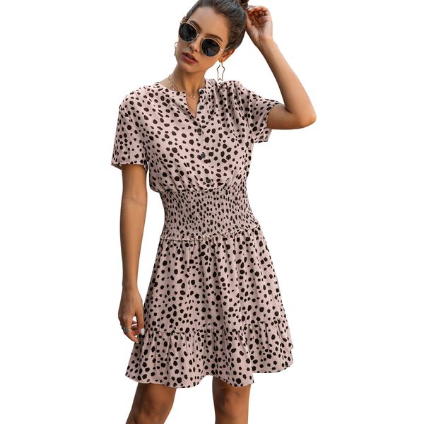 

retro dots print summer dress women o neck short sleeve button stretchy waist mini dress casual boho beach dresses lady vestidos 210507, Black;gray
