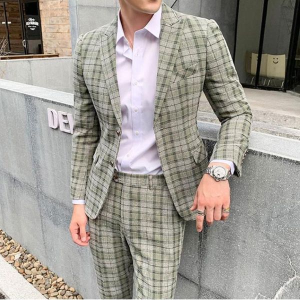 

men's suits & blazers kpop men plaid suit set summer jacket with trousers 2021 korean fashion clothing party work casual handsome check, White;black