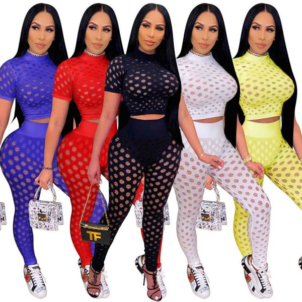 Mulheres Verão Casual Tracksuit Sexy Hollow Perspective Mesh 2 Piece Sets Senhoras Manga Curta Leggings Outfits Moda Jogging Ternos 2021